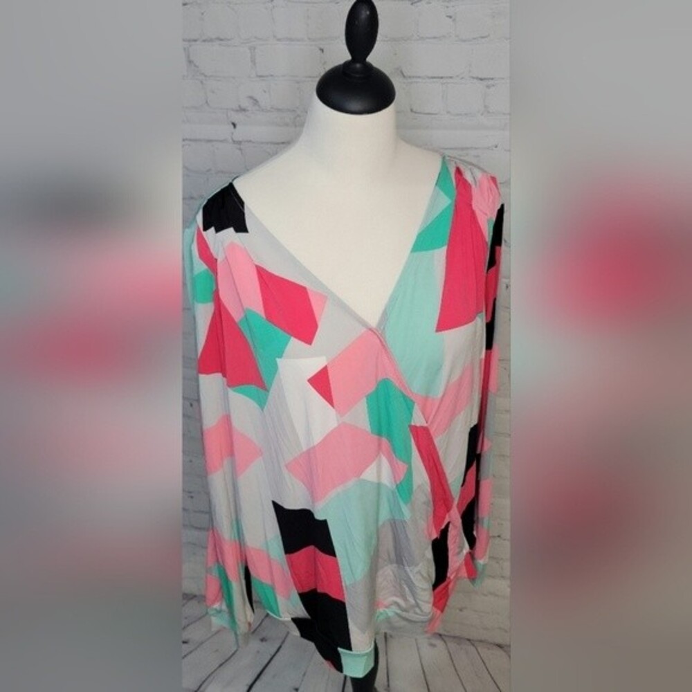 Worthington Abstract Geometric Multicolor V Neck Sz 2X Blouse Stretch Career